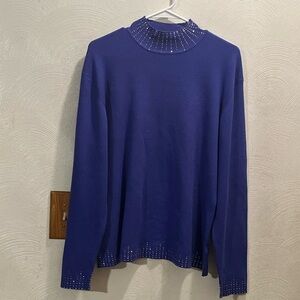 Like New Christine Alexander Blue Mock Neck Sweater with Rhinestone Accents! XL.